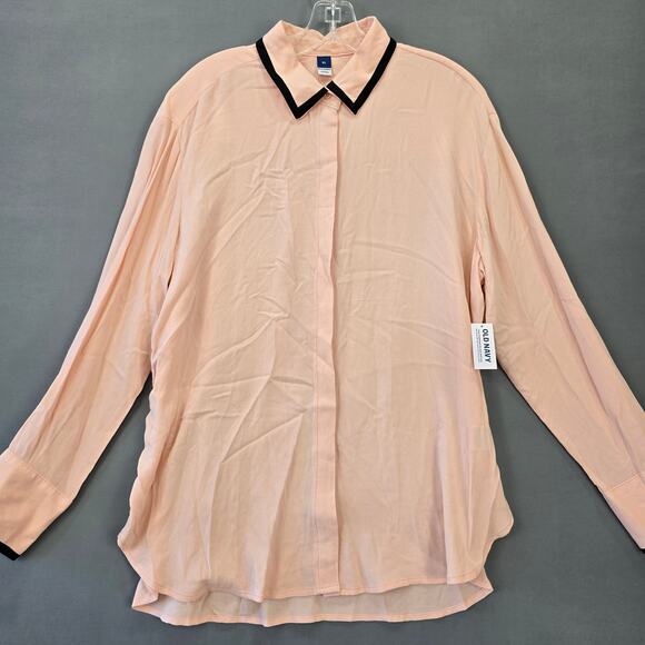 Old Navy Pink Shirt NEW Sheer Blouse Classic Long Sleeves Button Up Women XL Top - Picture 1 of 10